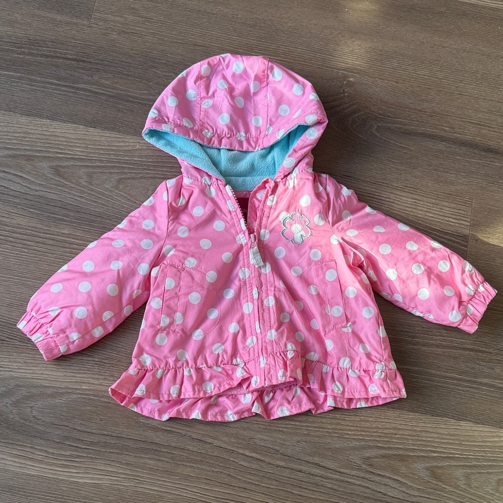 London Fog Baby girl fleece lined polka dot flower embroidered jacket -6-9m
